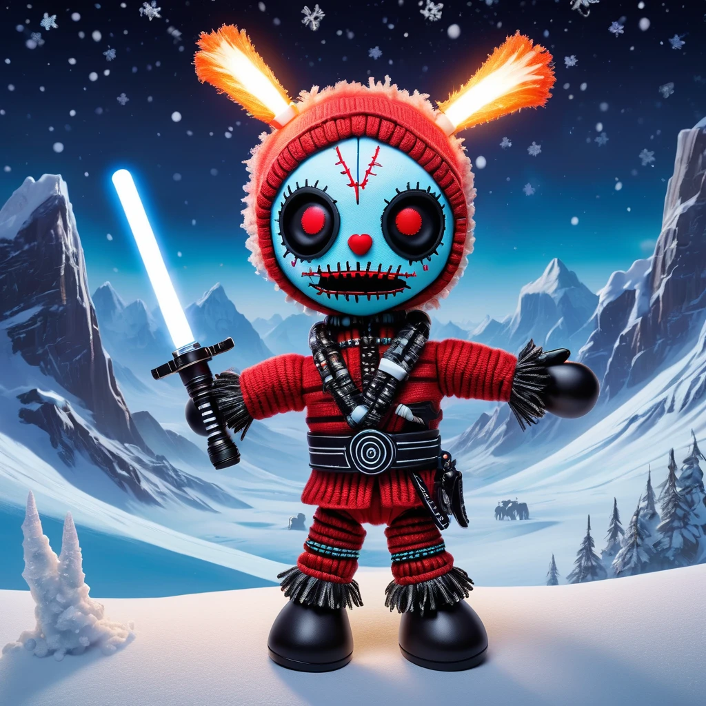 (knitted toy voodoo doll:1.5), (Voodoo on Hoth:1.7), (Clothing: warm rebel attire:1.0), (Accessories: enchanted lightsaber, glowing binoculars:1.1), (background: icy landscape with floating snowflakes, glowing tauntauns, and a sense of intergalactic struggle:1.2), best quality, masterpiece, detailed soft oil painting, detailed background, dramatic cinematic lighting, soft edge lighting, professional, dramatic lighting, hard edge lighting, ultra quality, 4k,masterpiece, best quality, 8k, ultra highres, highres, extremely detailed