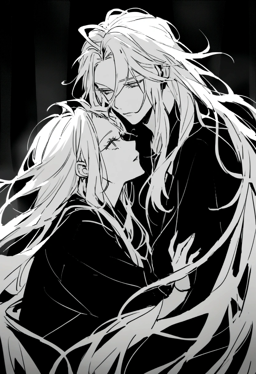 Lucifer's face in black and white with long messy hair