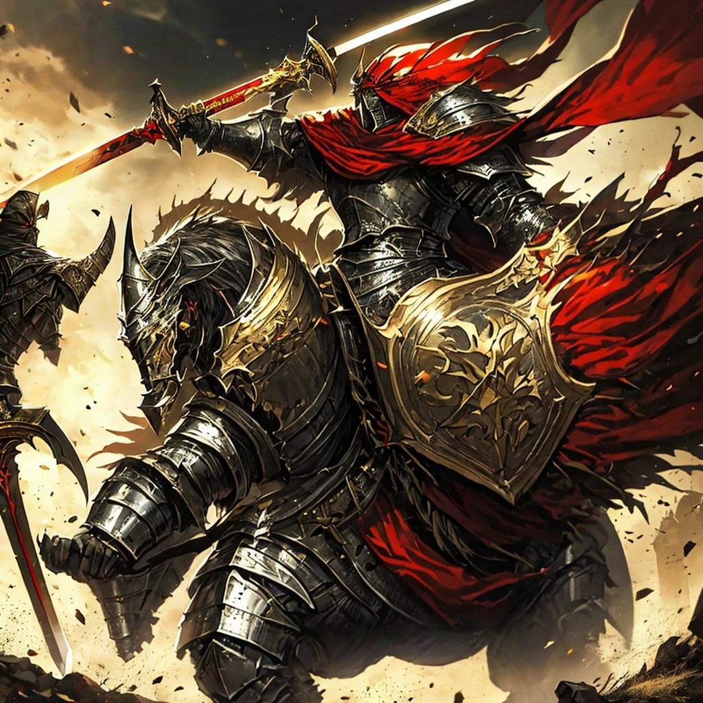 A knight in armor,Carrying a big sword on his back,Medieval European fantasy style,Line drawing style。Black and White、yellowish、Dark red main color。