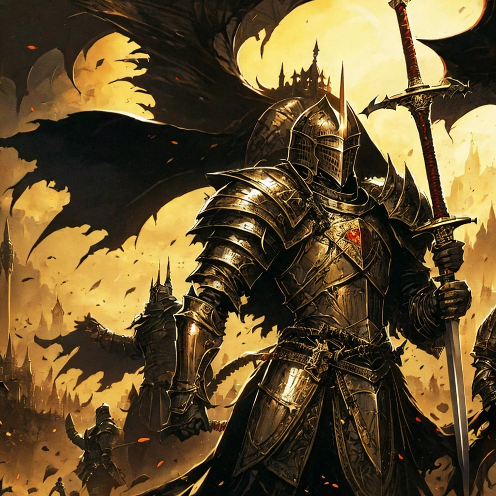A knight in armor，Carrying a big sword on his back，Medieval European fantasy style，Line drawing style。Black and White、yellowish、Dark red main color。