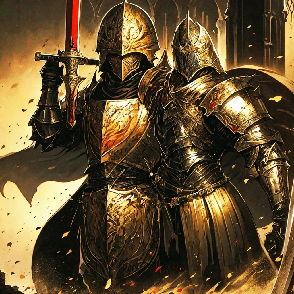 A knight in armor,Carrying a big sword on his back,Medieval European fantasy style,Line drawing style。Black and White、yellowish、Dark red main color。