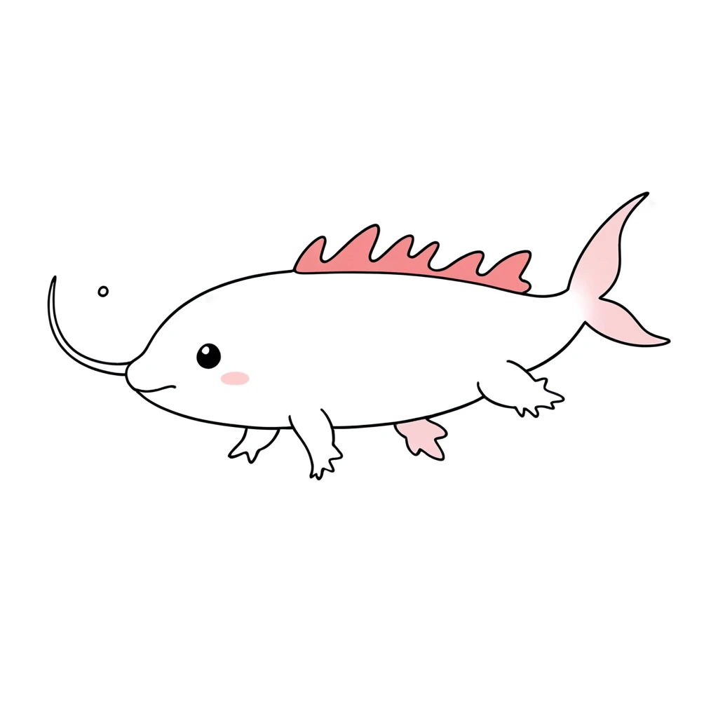 1 axolotl only,simple,(white background:1.4),doodle,scribble,minimalism,diagrammatic drawing, Day Dream,3fins growing from the face side