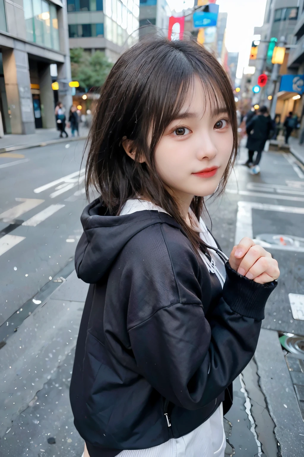 Back view、1 girl、hoodie、hoodie、Put on the hood、Tokyo Street、noon、Cityscape、City lights、Full Body Shot、Close-up、smile、8K、Raw photo、Highest quality、masterpiece、Realistic、Photorealistic