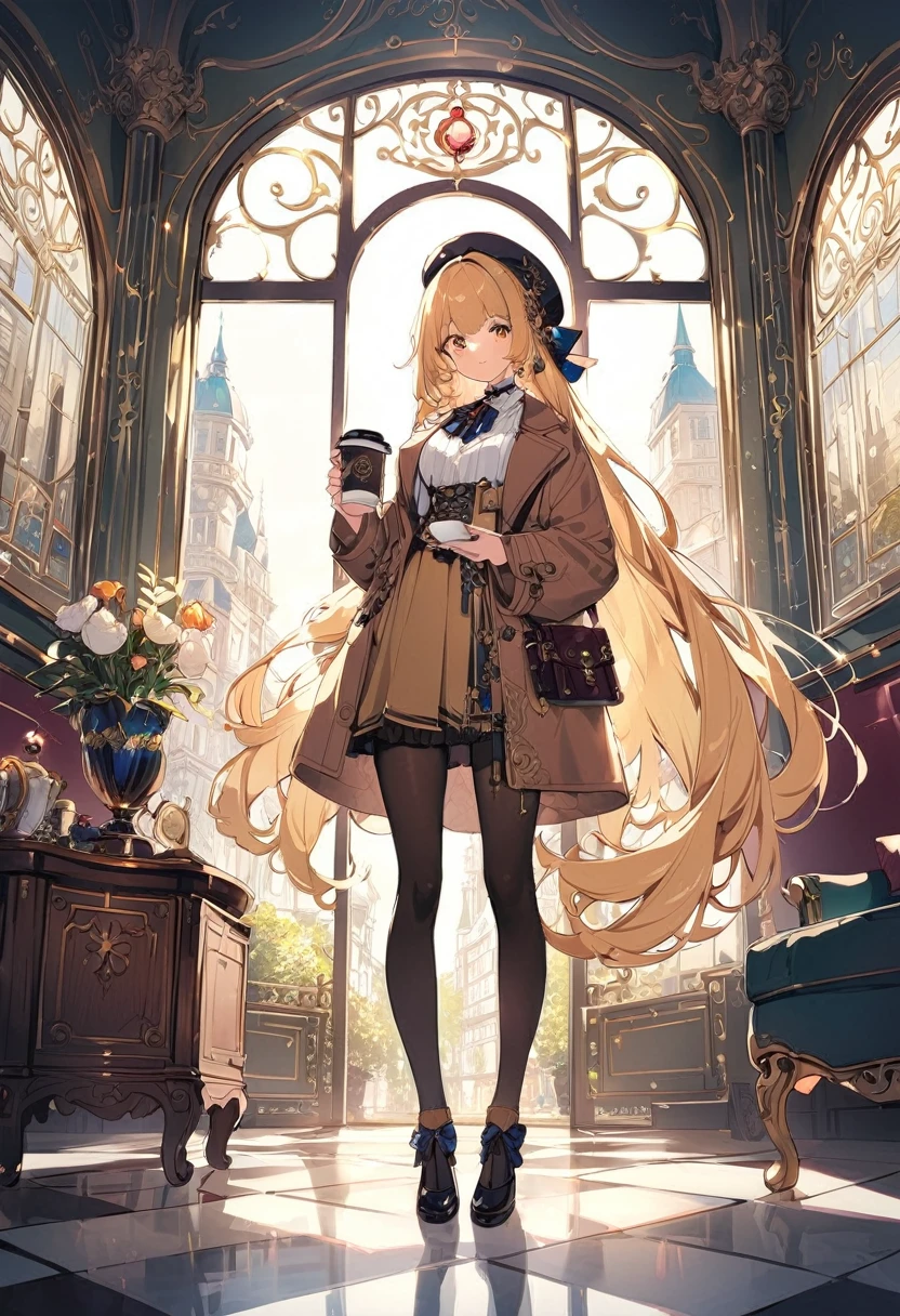 girl, white blouse, miniskirt, black pantyhose, brown overcoat, berets, standing, holding a cup of coffee, ornate clothes, intricate clothes, extra long hair, familiar face, brown and gold tones, in a high-end room, window, tall buildings, day 