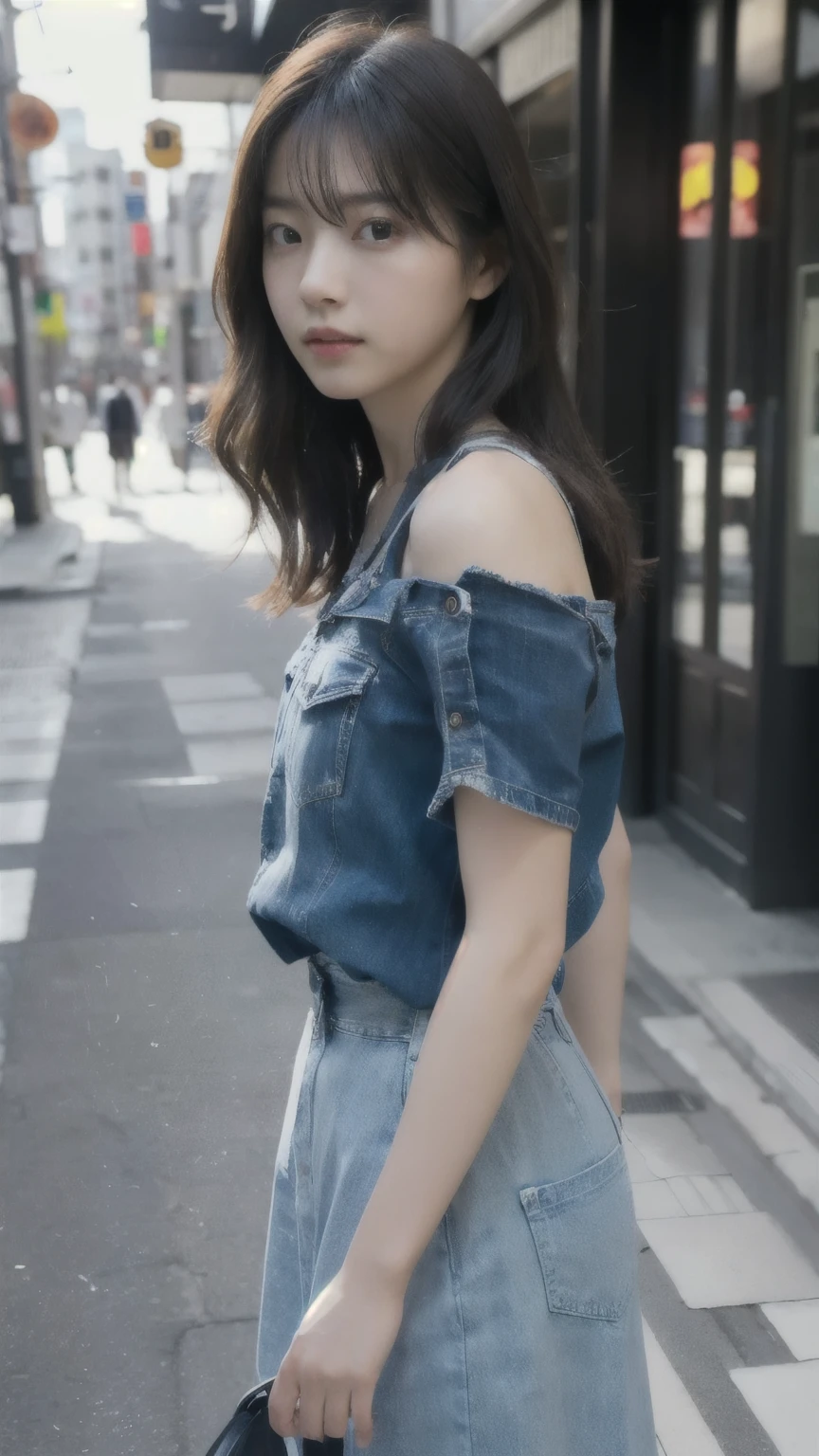 (masterpiece 、Best Quality 、HDR UHD 、Professional)、(Photorealsitic:1.4)、1girl in、Natural light、(Looking at Viewer:1.331)、Posing、on tokyo street、Looks fun、Levi's501、