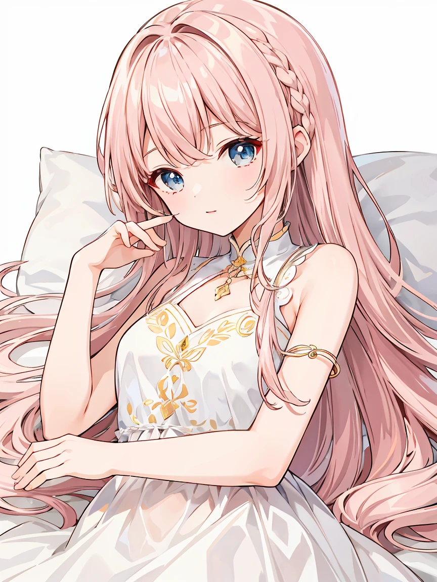 (high quality illustration:1.2)、(Young woman too:1.0)、(single:1.0)、(Clothes with new designs:1.0)、(Clothes designed like the characters in the game:1.0)、(upper body:1.0) 、high resolution、4K:1.0)、light cream colored hair、white dress,young girl,lying on the bed,Transparent background