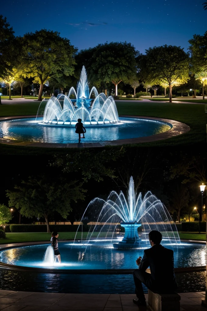 A park at night with a fountain in the middle and a boy sitting there looking at the girl and the girl looking the other way., in shades of blue
