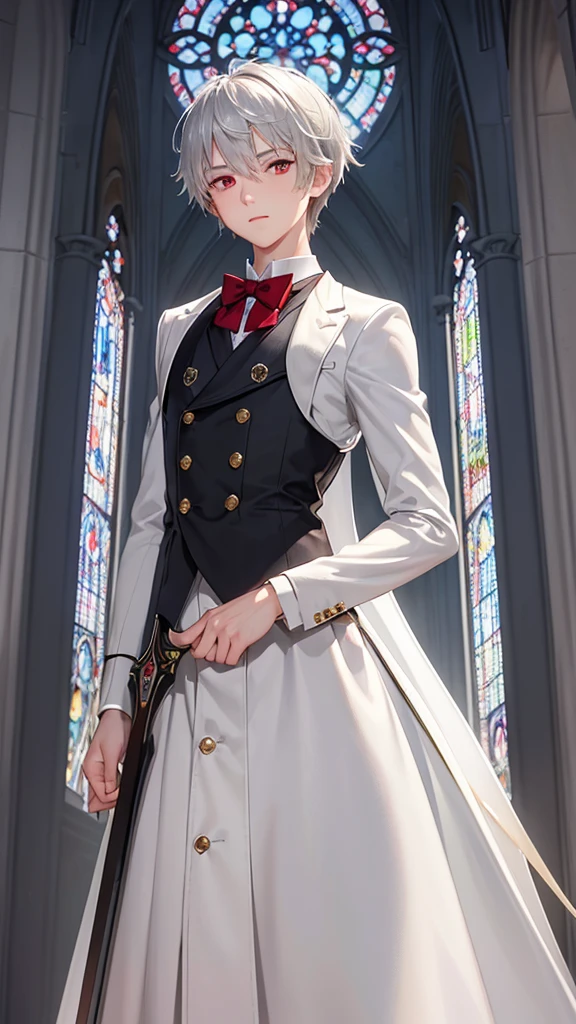 (solo silver very short hair divine sword fighter boy, detailed red eyes, soft smile), ((16 yo)), (in a butler uniform), (in the beautiful Cathedral), perfect anatomy, masterpiece, best quality, 8k, beautiful detailed grow, daydreaming expression.
