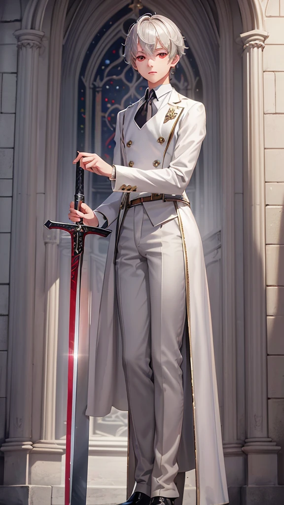 (solo silver very short hair divine sword fighter boy, detailed red eyes, soft smile), ((16 yo)), (in a butler uniform), (in the beautiful Cathedral), perfect anatomy, masterpiece, best quality, 8k, beautiful detailed grow, daydreaming expression.