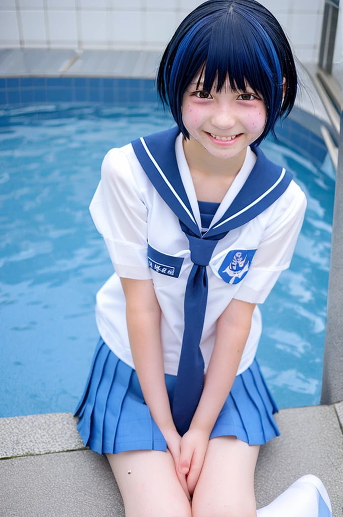 Japanese、middle School girls、1 person、14 years old、Sailor Mercury、Cosplay clothes that are wet and slightly transparent、short hair、 Wet arms、Wet legs、Wet Face、Wet light blue hair、smile、pose、Pool、Highest quality