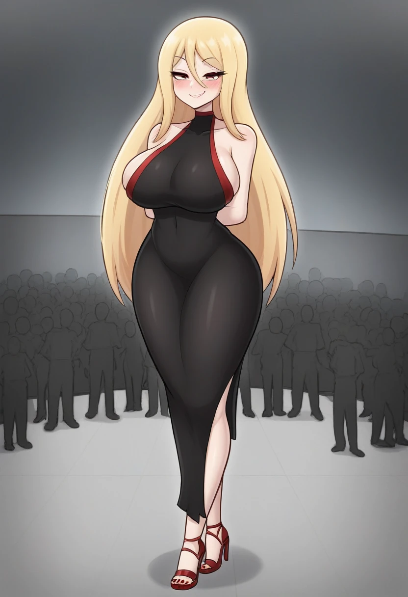 solo, long blonde hair, smug expression, half lidded eyes, fair skin, blue right eye, green left eye, prominent blush, long bangs, (Masterpiece), lustrous black dress, wide hips, wide shoulders, big breasts, cleavlage, big ass, open toe heels, red painted toenails, red painted nails, tall girl, size difference, crowd, ballad, ethereal, score_10