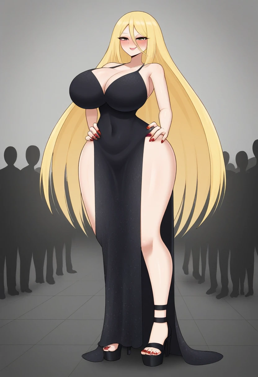 solo, long blonde hair, smug expression, half lidded eyes, fair skin, blue right eye, green left eye, prominent blush, long bangs, (Masterpiece), lustrous black dress, wide hips, wide shoulders, big breasts, cleavlage, big ass, open toe heels, red painted toenails, red painted nails, tall girl, size difference, crowd, ballad, ethereal, score_10