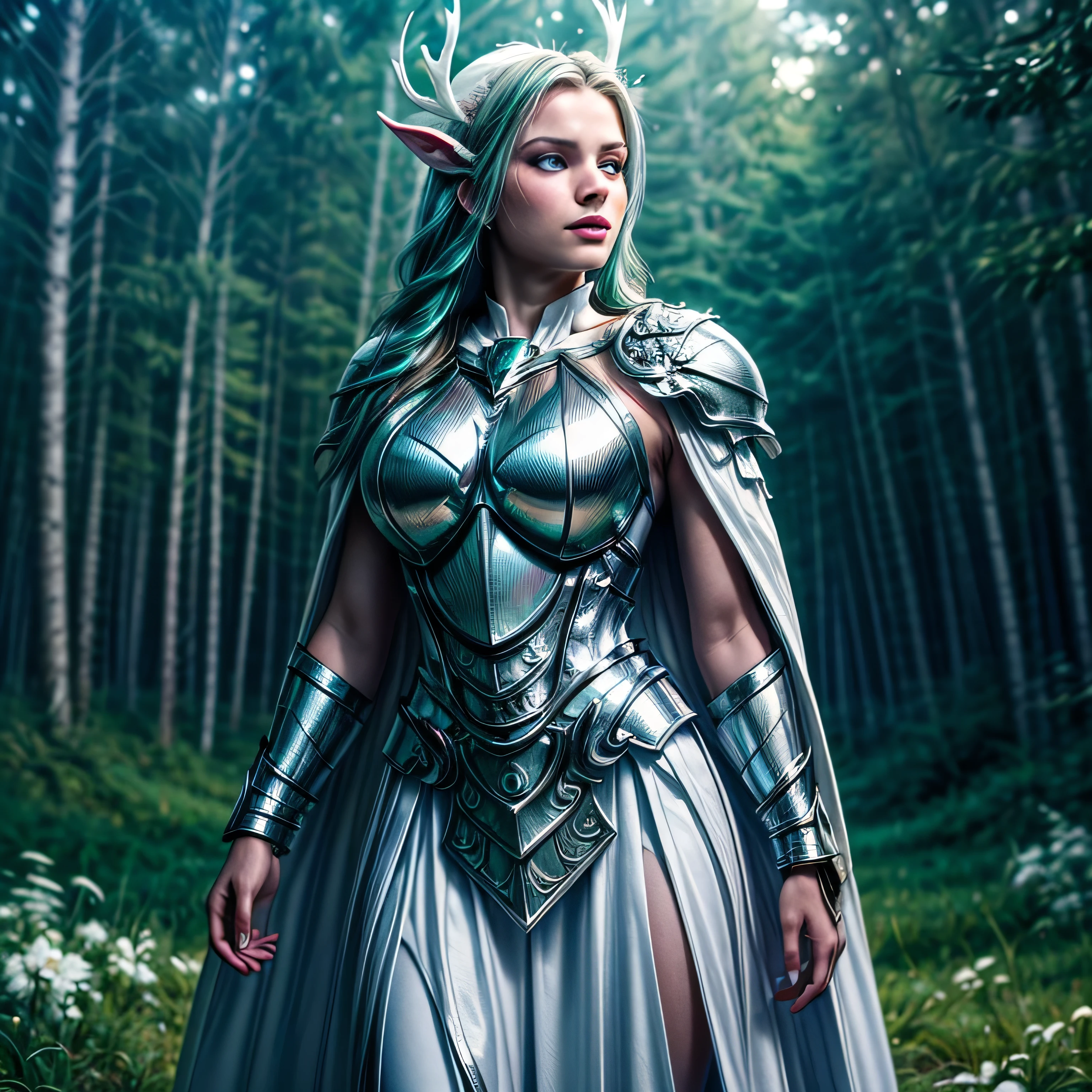 (masterpiece, photorealistic:1.4, extremely intricate:1.3), (photon mapping, radiosity, physically based rendering, ultra resolution, hyper-realistic, 8K), age supermodel twin braids, glowing eyes, tyrande, (((((white chrome armor, white cape, pauldrons)), stalking a white stag), [large breasts:medium breasts:0.3], [skin detail:freckles:0.8])), forest, background outdoor, flowers, glowing butterflies, bokeh, sunset, [aqua hair:blonde hair:0.8]