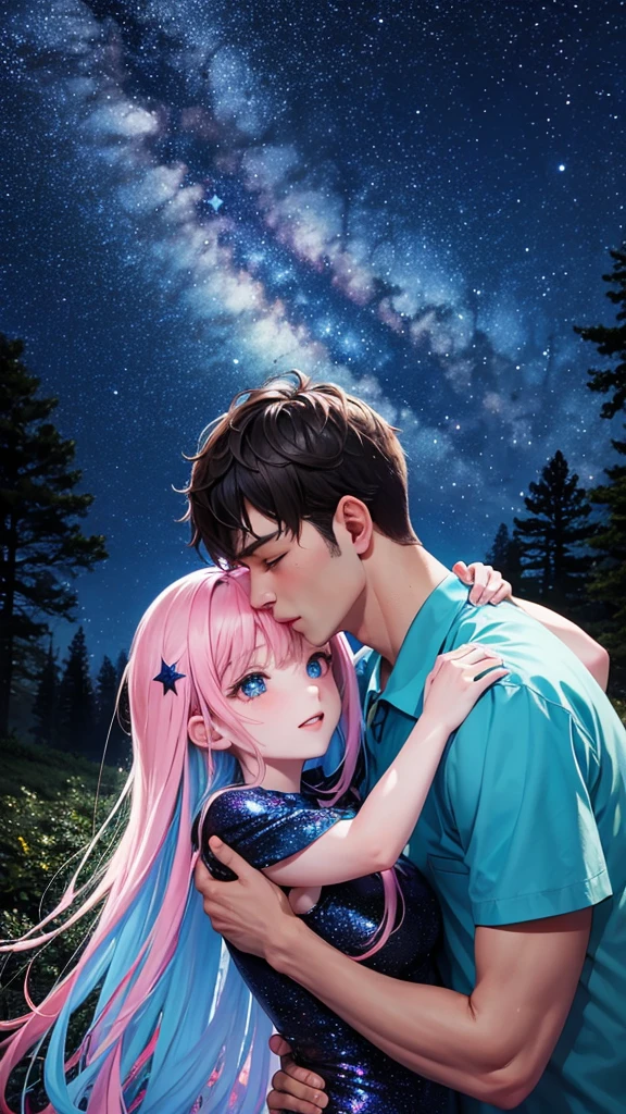 colorful forest, Sky with Stars,Glitter, a man and a Woman hugging