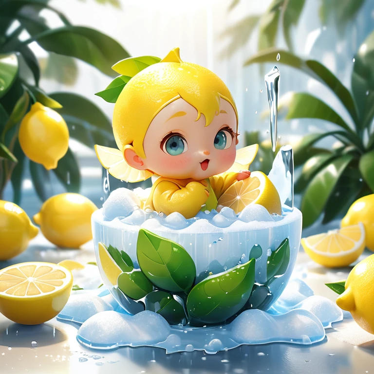 baby, ice, lemon, special function, Blind box styles and popular styles in the market, The sun shines in, Octane Render and Blender, super quality, sharp features, Ultra HD and 8K resolution,Cool hand-drawn illustrations，fly away
