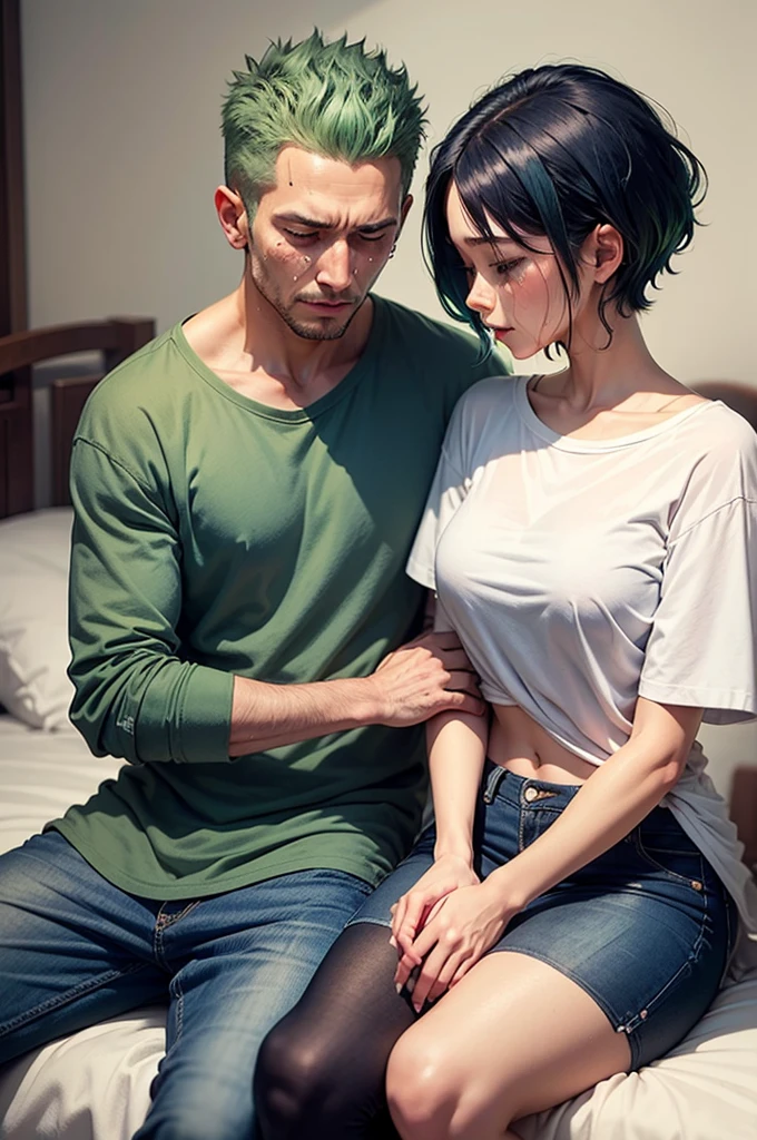 Big shirt and a denim skirt standing on short dark blue hair abim3 crying and with his hand in his hair Zoro looking at her calming her green hair he sitting on the bed