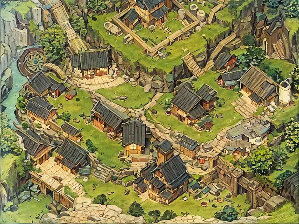 Great Slavic ((Ghibli)) A dream town on the hill, Thatched roof, Early Middle Ages, Village on the cliff, Crowded housing, Narrow passages, tight space, settlement, ((Ghibli风格))
