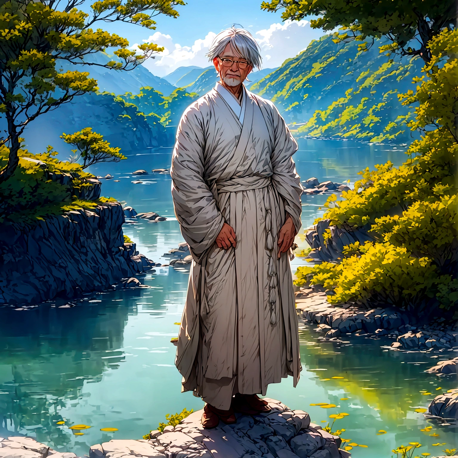 Create a high-quality anime-style image featuring an elderly man standing on a rocky cliff by the sea. The man has white hair, a beard, and is wearing round glasses. He is dressed in a white shirt, beige pants rolled up at the ankles, and white sneakers. His posture is relaxed, with his hands in his pockets, gazing thoughtfully into the distance.
The background consists of a clear blue sky filled with fluffy, white clouds. Below the cliff, there is a calm sea with boats and a small coastal village nestled at the foot of green, mountainous terrain. The scene captures a peaceful, reflective moment, with vibrant colors and detailed shading to emphasize the tranquil and contemplative atmosphere.