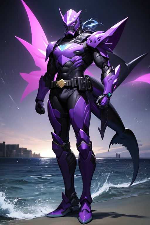 ((best quality)), ((masterpiece)), (detailed), 1 male, full body, 25 years old, masked, purple mask, smooth head, mask covering his mouth, 1 shark fin on his head, diving mask, angry expression, black collar, tall and strong, very athletic, shark fins, grey details, mechanical shark head, shark suit, purple fingerless gloves, purple wristbands, water shooters, shooting water from the wrists, purple nanotech suit resembling light armor, purple chest with an emblem, green fly emblem on his chest, green emblem, purple pants, shark tail, blue knee pads, metallic purple boots, black superhero belt, standing on a pier by the sea, night city background, anime