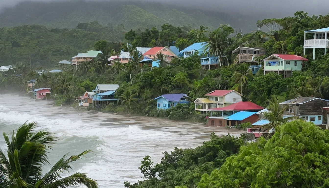 Hurricane with winds of 215 km/h hits Caribbean island causing high tide, floods and landslides and roofing of houses