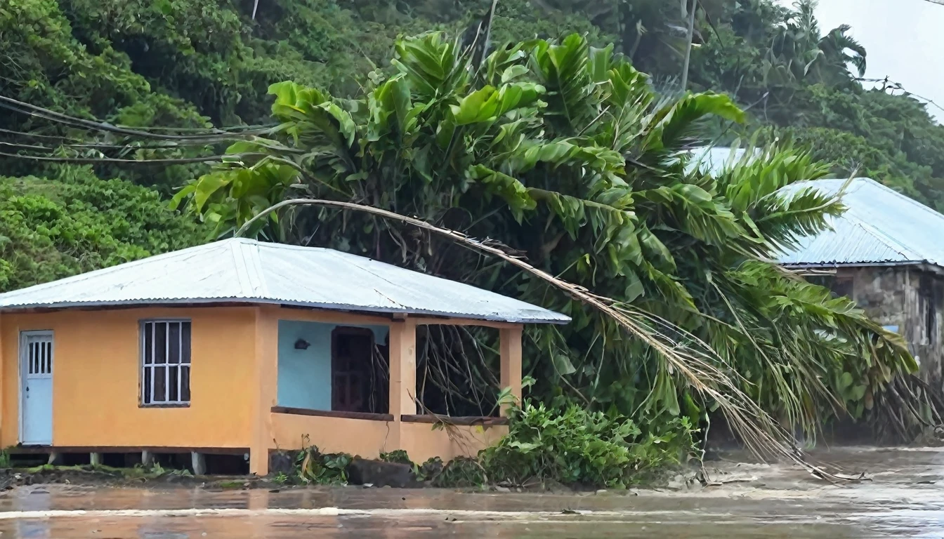 Hurricane with winds of 215 km/h hits Caribbean island causing high tide, floods and landslides and roofing of houses