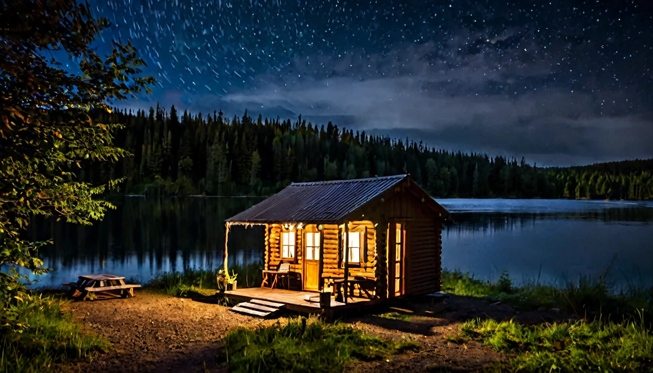 small wooden cabin by the lake, camping tents around, dark, eerie night