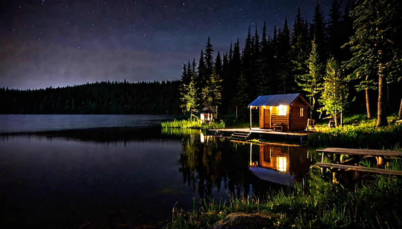 small wooden cabin by the lake, camping tents around, dark, eerie night
