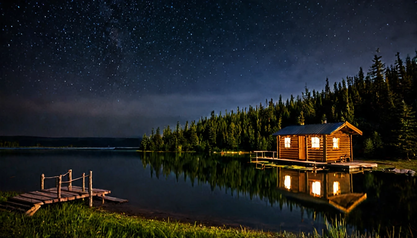 small wooden cabin by the lake, camping tents around, dark, eerie night