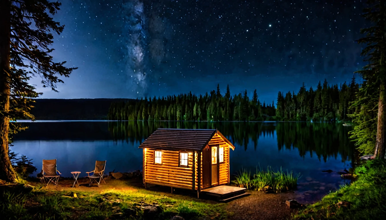 small wooden cabin by the lake, camping tents around, dark, eerie night