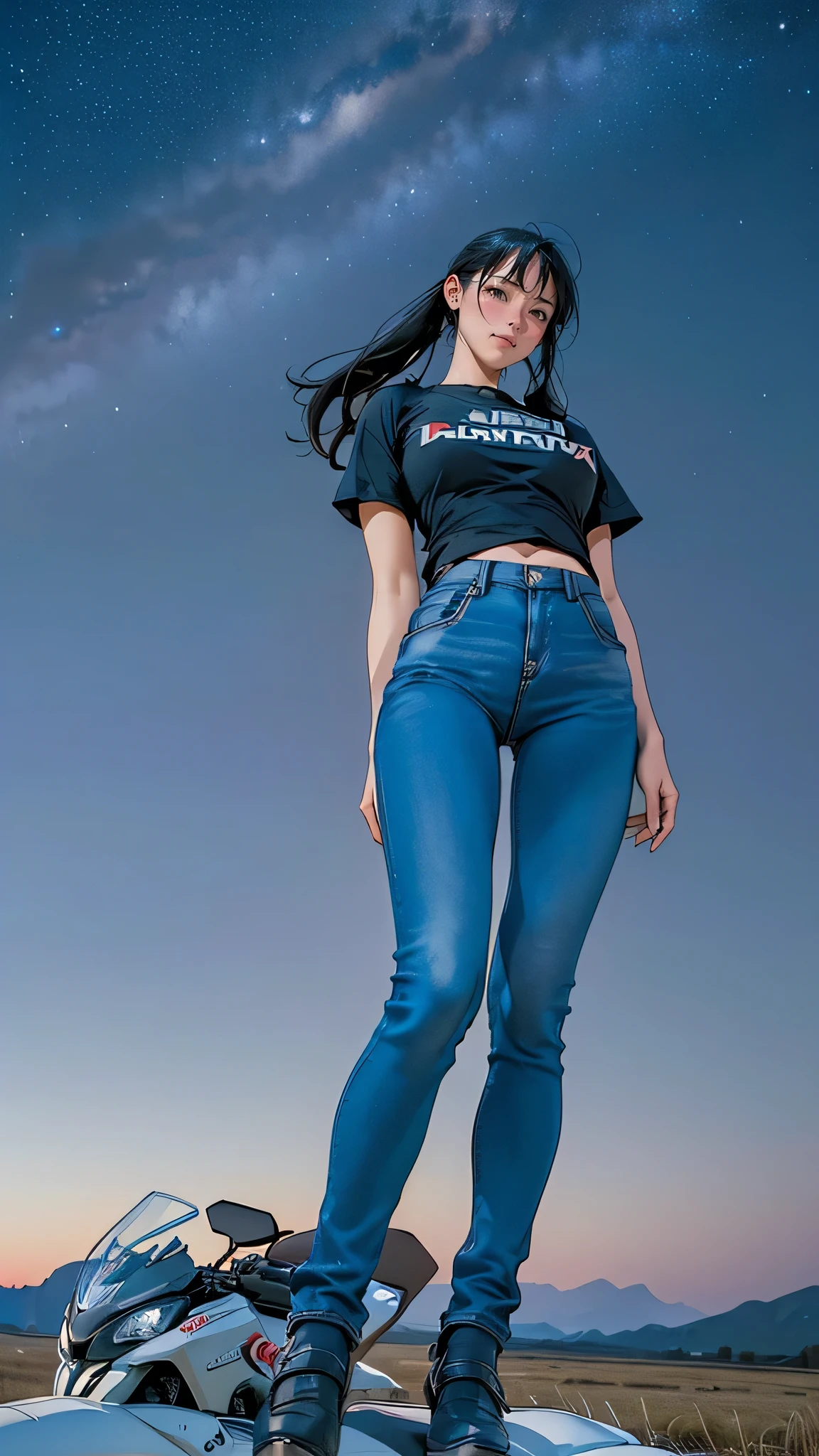 (from below,Focus on the night sky), (((He drives a large off-road motorcycle, the HONDA CRF1100.:1.5))), ((Detailed depiction of the bike:1.3)), (((smile,Parted lips,Open your arms and express your joy))), BREAK (((Late Night,The surroundings are pitch black, wide, wide, dark, dark sky,Star々が北極Starが美しい:1.5))), BREAK ((HONDA tight T-shirt:1.5)), ((Ultra low rise distressed skinny jeans:1.4)), (Beautiful young woman rider(Riding Shoes:1.5)), BREAK (Black straight hair,bangs,(Twin tails)), (A stunning 8-head body proportion), (Big Breasts:1.4), ((Magnificent breast growth)), (Small waist), ((Beautiful belly button)), (BIG ASS), (Thin thighs), (Beautiful limbs), Break the vast sky, Beautiful skyline, Vast grassland, Very tense and dramatic photo, Dynamic visual effects, (Fantasy art), BREAK (1 screen), (Highest quality,4K,8K,High resolution,masterpiece:1.2),Super detailed,(Realistic,photo:1.3), (perfect anatomy), (Perfect ratio of fingers to thumb), (Symmetrical face), BREAK ((This is the United States,Hawaii,National Astronomical Observatory of Japan (NAOJ) Hawaii Observatory located at the summit of Mauna Kea)), BREAK hoshizora Starry sky perfecteyes eyes YHmotorbike
