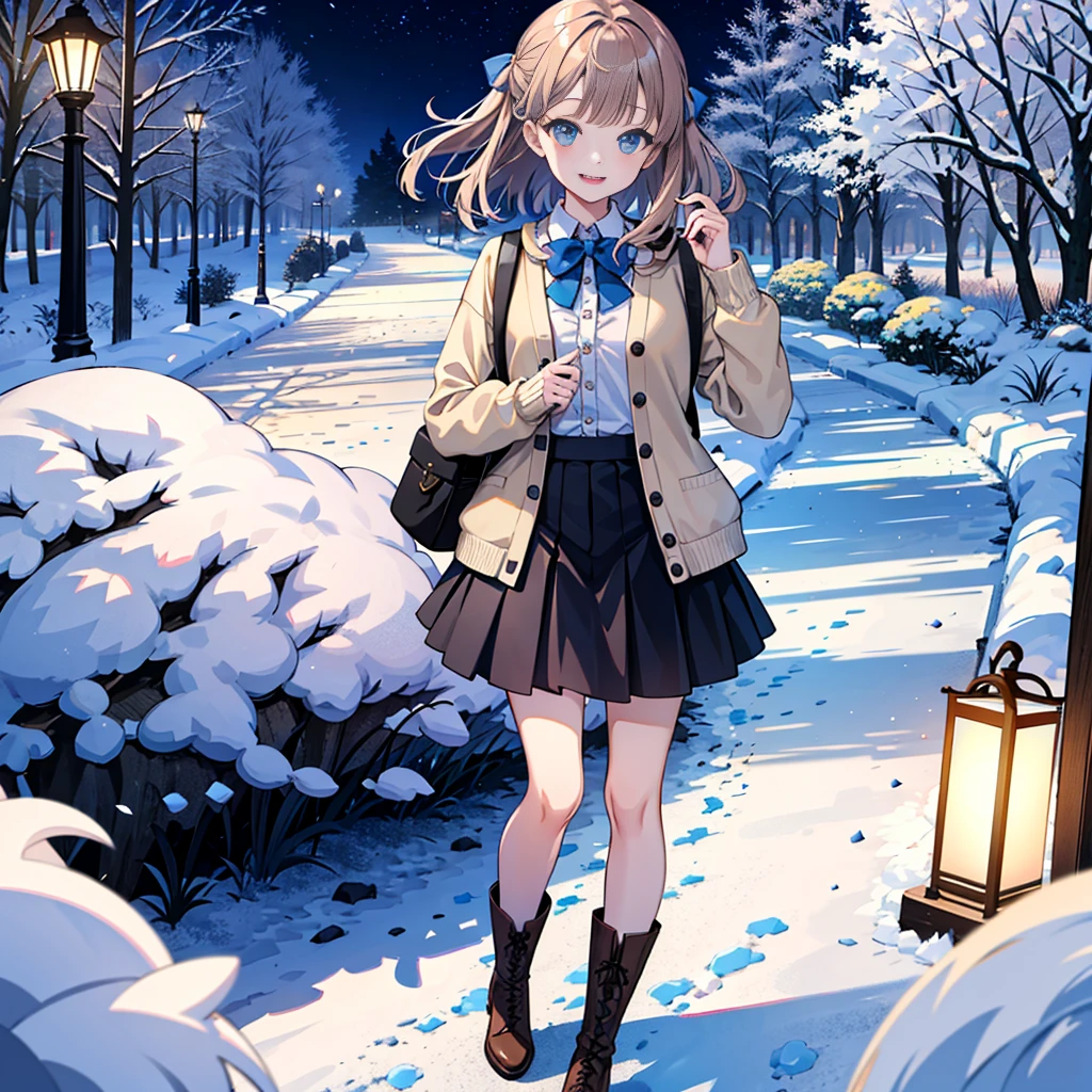 (masterpiece:1.2), best quality, highres, original, (extremely detailed:1.2), ultra-detailed, wallpaper, perfect lighting,(extremely detailed CG:1.2), 8k, anime illustration, 1girl, solo, smiling, (winter outfit:1.2), standing on the street, (knit cardigan:1.1), (bowknot on cardigan:1.25), knee-length skirt, (Ruffled hemline:1.3), winter boots, {delicate|detailed}clothes, (anatomically correct:1.34), close-up, full-body, looking at viewer, frontal, snowy street, (streetlight:1.17), city background, night, unity 4k
Story: "The Enchanted Forest Adventure"
Scene 1: The Discovery
Description: A young woman named Lily stumbles upon a hidden entrance to an enchanted forest while hiking.
Prompt: "A young woman with flowing brown hair and a backpack, discovering a hidden, magical entrance to an enchanted forest. The entrance is surrounded by glowing, mystical plants and ancient trees."