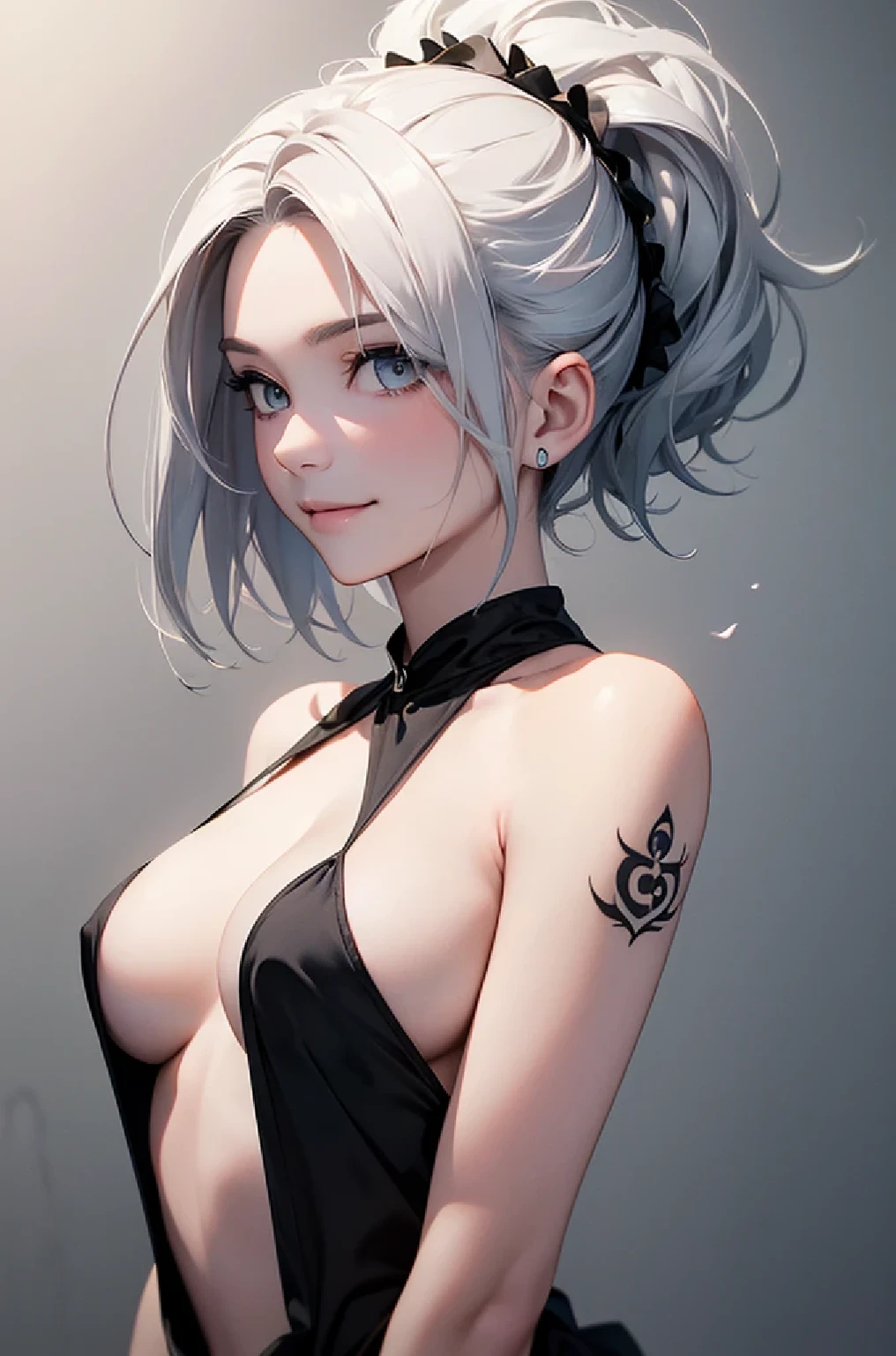 avant-garde art(Image from chest up:1.4)((masterpiece:1.5,Highest quality,Beautiful images、Realistic、3d、Artistic))(1girl, solo)(medium breasts, Silver Hair、short hair、Beautiful cleavage、sideboob、Exposing shoulders、Tattoo on shoulder)(Profile portrait,Gaze sideways、Gaze diagonally、Shake your head、Smile, floating hair)(Monotone Abstract Background)((from backside:1.3))((Monotone costumes))