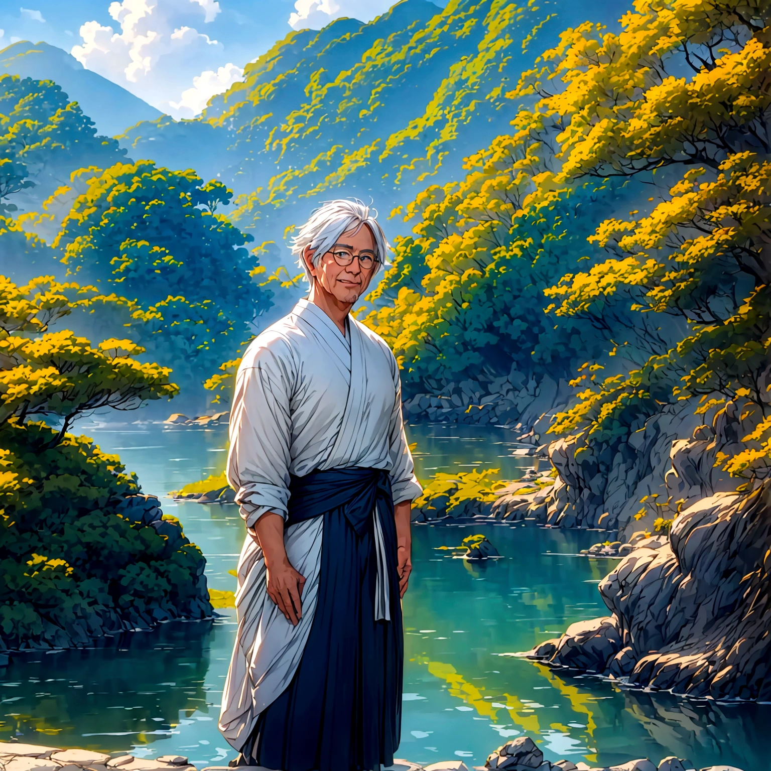 Create a high-quality anime-style image featuring an elderly man standing on a rocky cliff by the sea. The man has white hair, a beard, and is wearing round glasses. He is dressed in a white shirt, beige pants rolled up at the ankles, and white sneakers. His posture is relaxed, with his hands in his pockets, gazing thoughtfully into the distance.
The background consists of a clear blue sky filled with fluffy, white clouds. Below the cliff, there is a calm sea with boats and a small coastal village nestled at the foot of green, mountainous terrain. The scene captures a peaceful, reflective moment, with vibrant colors and detailed shading to emphasize the tranquil and contemplative atmosphere.