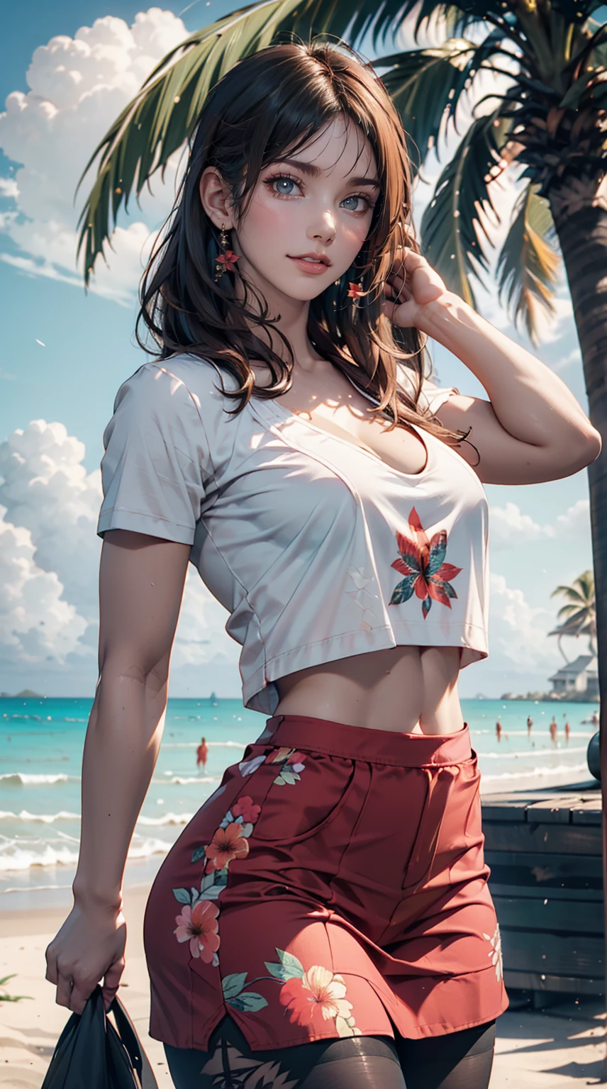 alone, whole body,Earrings, eyelash, pantyhose,, (Beach,(Palm tree),crowd,(White shirt), Floral print,Red lips),Sexy and provocative smile,, (Shiny skin:1.05),(blush:0.9),(Skin Dentition:1.15),Realistic, masterpiece, Highest quality, High resolution,Absurd, (Perfect Face:1.1), (Sharp focus:1.1),,  Trending on Art Station, Trending on CGSociety, Complex, High detail, Sharp focus, dramatic,Sexy proportions、Sexy、Narrow waist