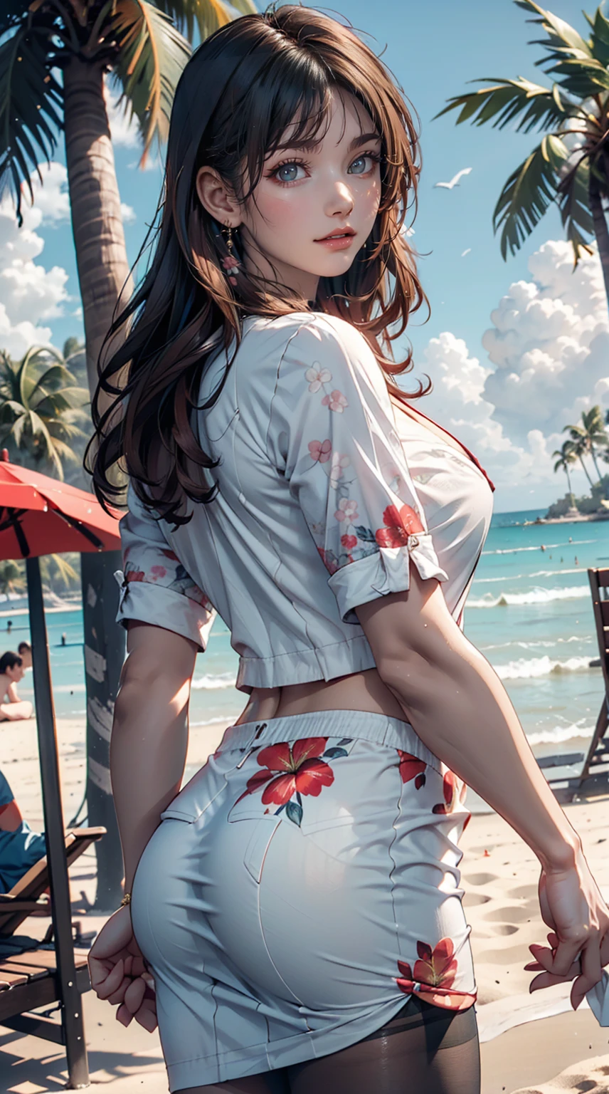 alone, whole body,Earrings, eyelash, pantyhose,, (Beach,(Palm tree),crowd,(White shirt), Floral print,Red lips),Sexy and provocative smile,, (Shiny skin:1.05),(blush:0.9),(Skin Dentition:1.15),Realistic, masterpiece, Highest quality, High resolution,Absurd, (Perfect Face:1.1), (Sharp focus:1.1),, Trending on Art Station, Trending on CGSociety, Complex, High detail, Sharp focus, dramatic,Sexy proportions、Sexy、Narrow waist
