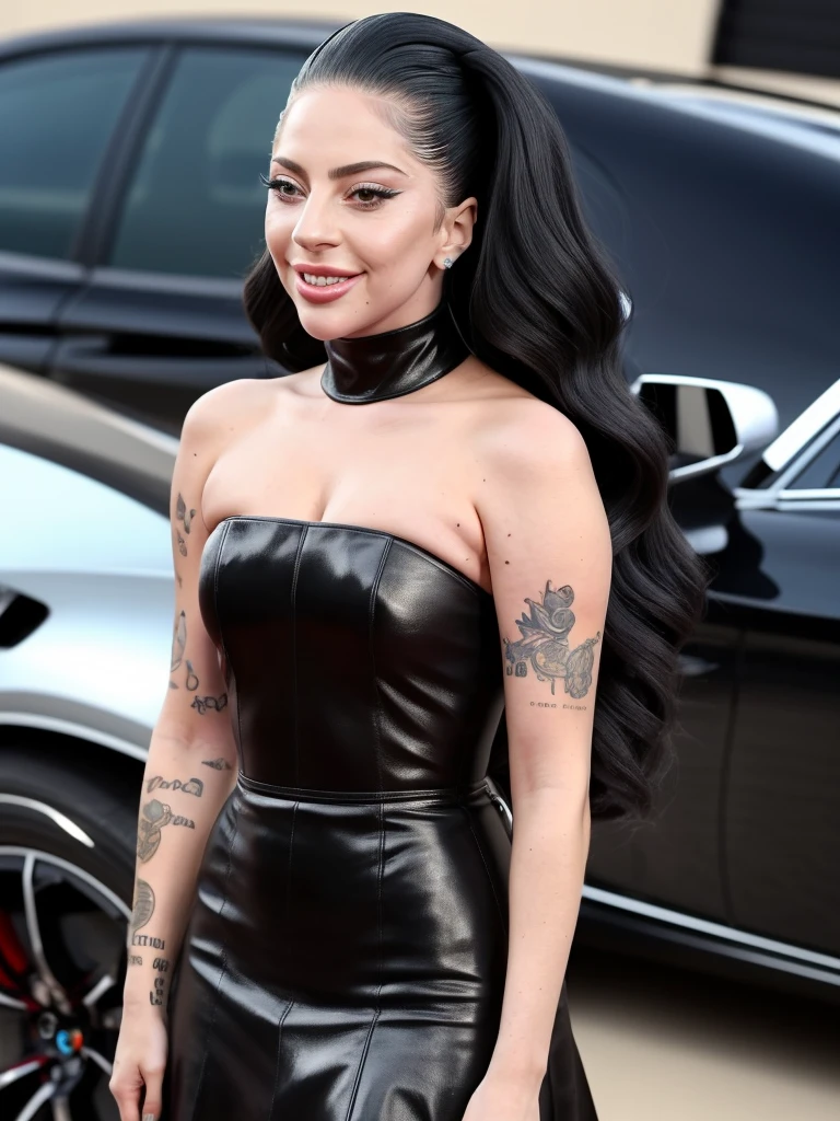 lady gaga is beautiful, smiling, wearing a strapless black leather dress, posing sexy next to a black supercar, looking at the camera