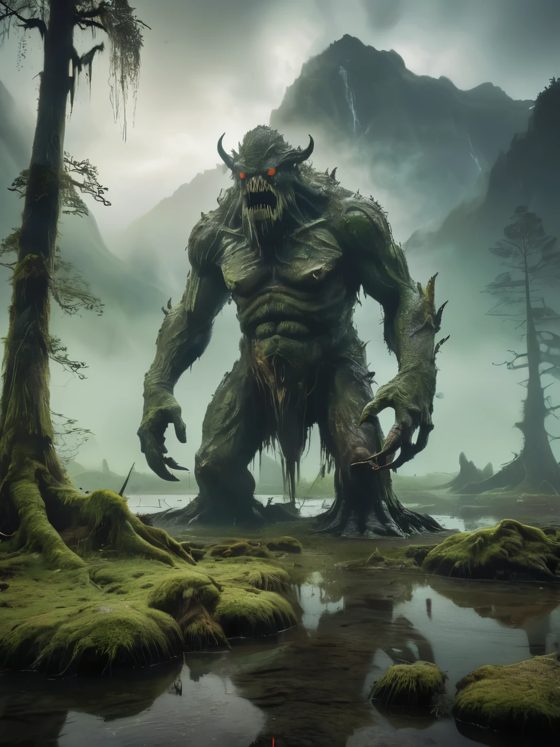 A photo of a (colossal swamp beast:1.3), towering over a (lone wanderer:1.1), vibrant green moss on scales, (glowing eyes:1.2), misty marshland, (jagged mountain backdrop:1.1), ethereal light shafts, serene water stream, (ancient trees:1.1), tranquil yet foreboding, Sony A1, 1/800s, f/5.6, ISO 320, epic scale, high dynamic range, immersive environment, RAW photography, professional grade,