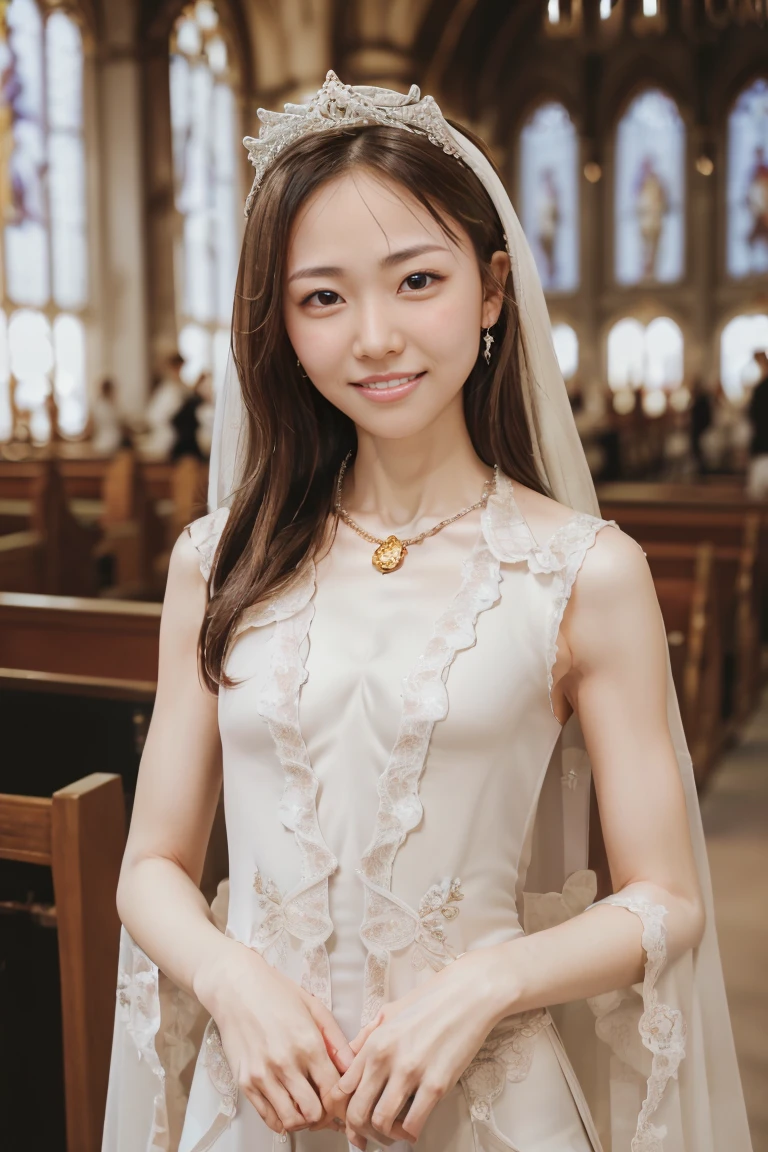 (Highest quality、Tabletop、8K、Best image quality、Award-winning works)、One beautiful bride、(alone:1.1)、(The most extravagant and gorgeous wedding dresses:1.5)、(Perfect Wedding Lace:1.5)、(The most gorgeous and luxurious giant tiara:1.5)、(The most extravagant and luxurious giant necklace:1.5), (Has a beautiful bouquet:1.5)、((Look at me with your best smile:1.5))、((View your viewers:1.5))、((Looking into the camera:1.5))、A wide selection of the finest jewellery、Cowboy Shot、Perfect Makeup、Long eyelashes、Ultra HD Shining Eyes、Ultra HD Hair, 38 years old、((Skinny:1.7))、((flat chest:1.8))、((slender body:1.5))、((Medium sized breasts:1.5))、Ultra-high resolution glossy lips、Ultra High Resolution Perfect Teeth、Super high resolution beautiful face、(Accurate anatomy:1.1)、(Very bright and beautiful skin:1.2)、(very bright and vivid:1.2)、((Perfect beautiful bridal hairstyles))、(A gorgeous and elegant church:1.5)、(A gorgeous and beautiful church:1.5)、(Front facing body:1.1)、(The most romantic atmosphere:1.5)、(Strongly blurred background:1.1)、(Calm and warm lighting:1.1)、