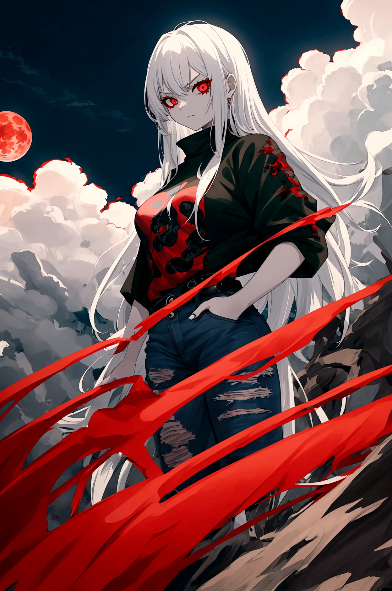 a menacing girl with white hair and red eyes, wearing distressed blue jeans, a black and red striped t-shirt, and a green coat, posing against a blood moon background, menacing look, (best quality,4k,8k,highres,masterpiece:1.2),ultra-detailed, dark fantasy