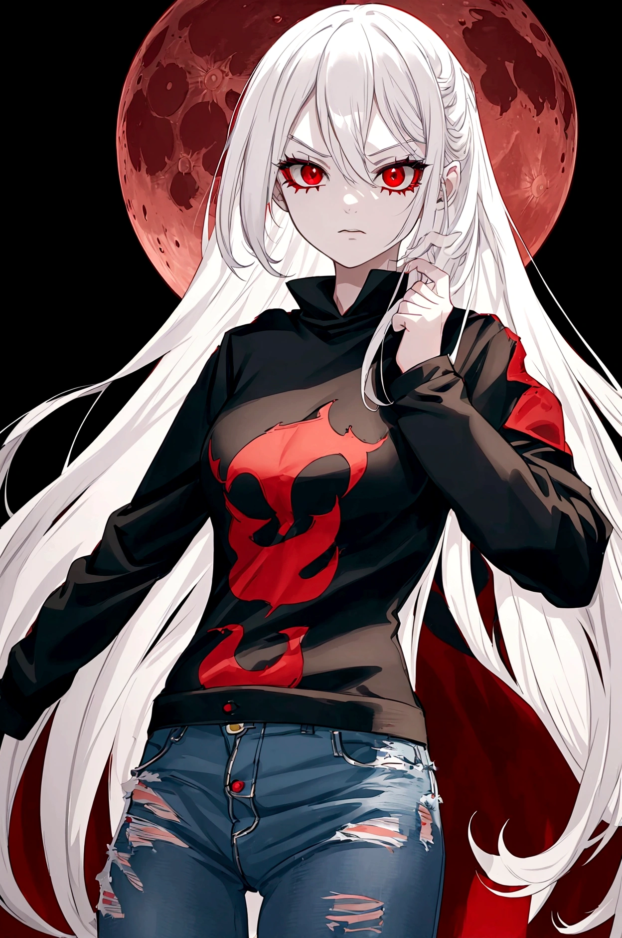 a menacing girl with white hair and red eyes, wearing distressed blue jeans, a black and red striped t-shirt, and a green coat, posing against a blood moon background, menacing look, (best quality,4k,8k,highres,masterpiece:1.2),ultra-detailed, dark fantasy