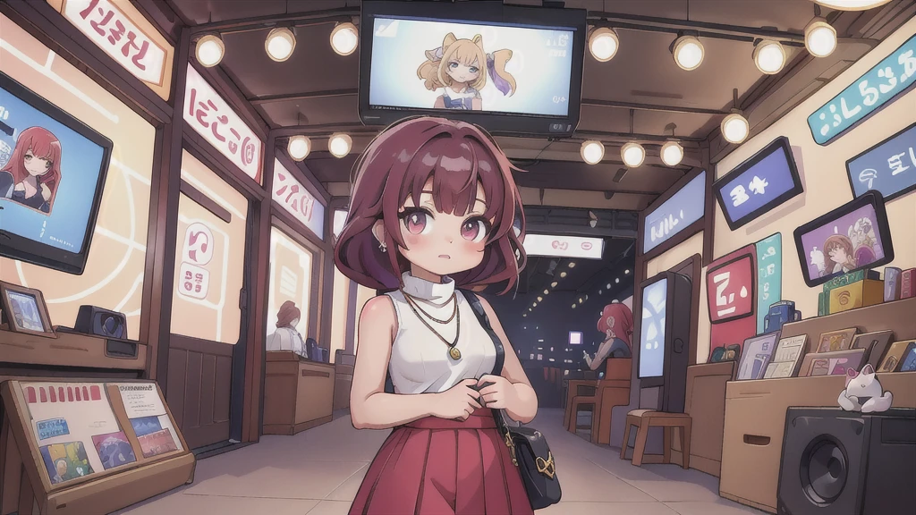 masutepiece, Best Quality, pixiv, Cowboy Shot, Red hair,
1girl in, breasts, blush, Sleeveless,Jewelry, Looking at Viewer, Skirt, Necklace, Solo, Bag, Sweaters, turtle neck, sleeveless turtleneck, Jacket, Sleeveless sweater, Long skirt, Medium Hair, Handbag、Confident rich woman standing in front of camera, Staring into the lens, Surrounded by a bustling recording scene with flashing lights, ,In the style of star art group Xing, 32K, Best Quality, masutepiece, Super Detail, high details,Girl in the video、Displayed on the monitor、(((pov))!