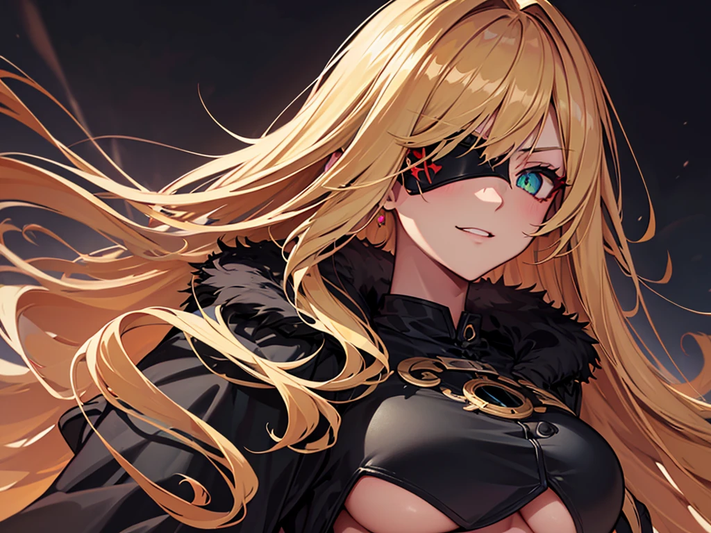 ((masterpiece)), ((best quality)), 1girl, adult, long hair, big bust, ((blonde hair)), very long blonde hair, ((intimidant look)), ((close-up)), profile image, green eyes, black and red clothes, sexy, dark colors, brillant eyes, ((coat with fur)), ((wavy hair)), exposed skin, ((sexy pose)), ((intimidant look)), good anatomy, ((dark sage clothes)), ((straight cut bangs)), emotionless, intimidant, ((beautiful eyes)), dark background, close up, ((detailed eyes)), beautiful eyes, ((detailed face)), hair bang, frontal look, evil, relaxed, smile, magical goddess othinus, abs, detailed face, eyepatch, huge tits, full body, ((detailed))