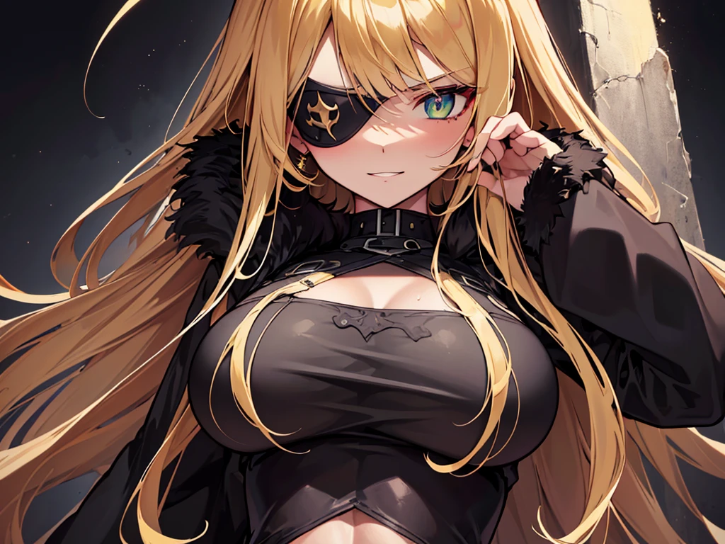 ((masterpiece)), ((best quality)), 1girl, adult, long hair, big bust, ((blonde hair)), very long blonde hair, ((intimidant look)), ((close-up)), profile image, green eyes, black and red clothes, sexy, dark colors, brillant eyes, ((coat with fur)), ((wavy hair)), exposed skin, ((sexy pose)), ((intimidant look)), good anatomy, ((dark sage clothes)), ((straight cut bangs)), emotionless, intimidant, ((beautiful eyes)), dark background, close up, ((detailed eyes)), beautiful eyes, ((detailed face)), hair bang, frontal look, evil, relaxed, smile, magical goddess othinus, abs, detailed face, eyepatch, huge tits, full body, ((detailed))