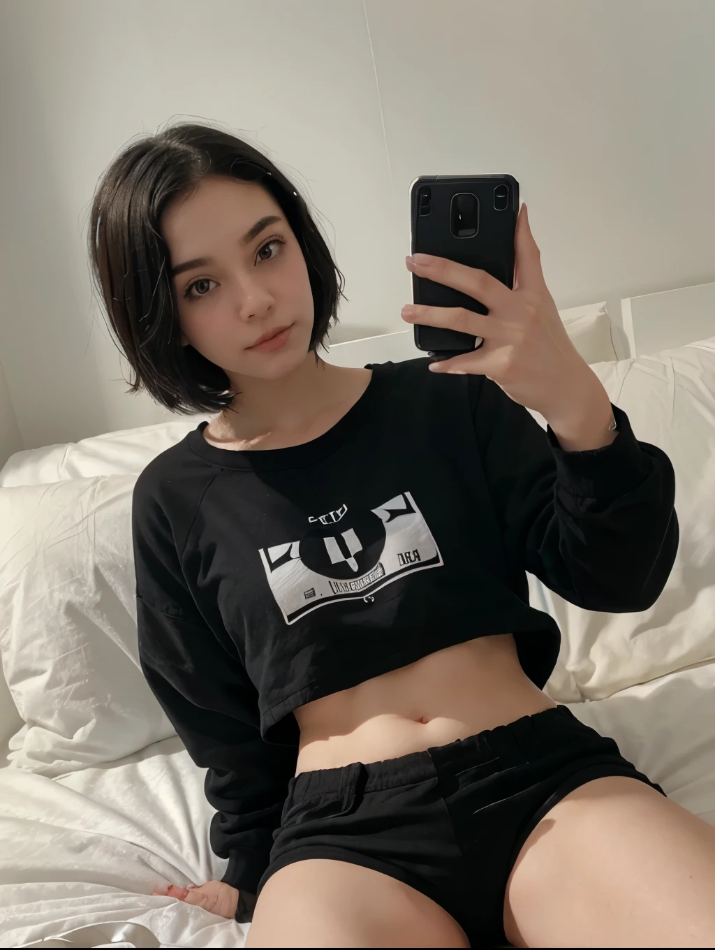 1 Cute Girl, short black hair, pale skin, black sweatshirt, black shorts, girl lying down making PEACE sign with her hand, selfie, 16 Megapixel quality