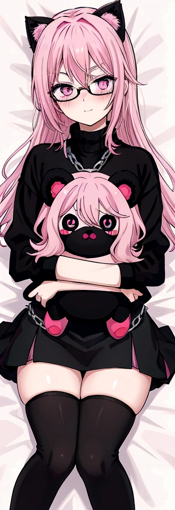 pink hair black glasses pink eyes extremely blushing a big pink sweater a short black skirt at the waist some chains black stockings that she is a reserved girl in her bed that she is hugging a stuffed animal of one among her