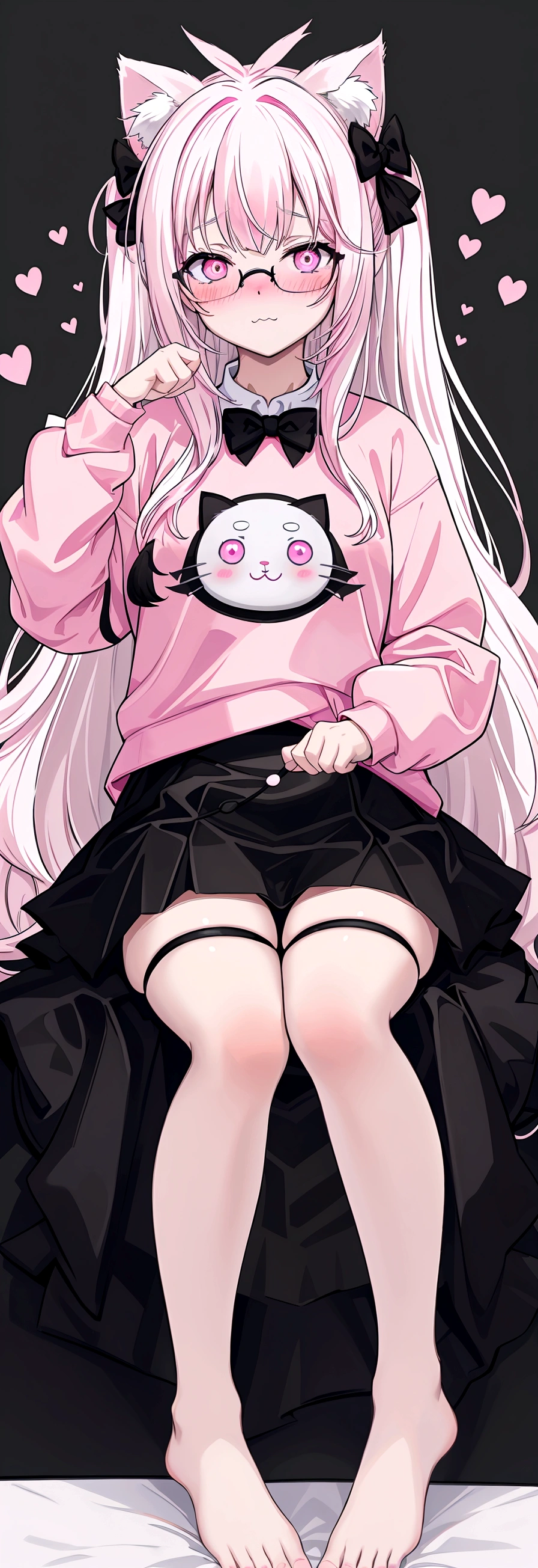 I have white pink hair, cat ears, a bow, my face is super blushing, black glasses, pink heart eyes, a big pink sweatshirt, a black skirt, black stockings, what&#39;s up, barefoot, a cat&#39;s tail, a girl Very shy