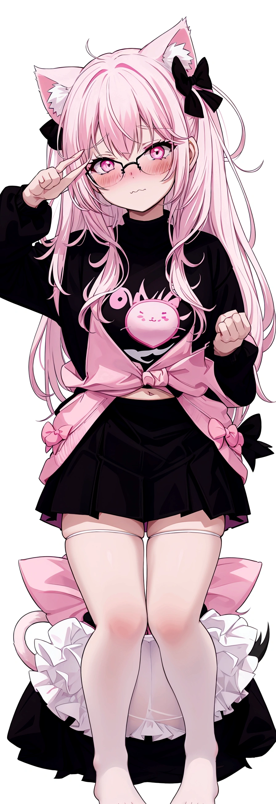 I have white pink hair, cat ears, a bow, my face is super blushing, black glasses, pink heart eyes, a big pink sweatshirt, a black skirt, black stockings, what&#39;s up, barefoot, a cat&#39;s tail, a girl Very shy