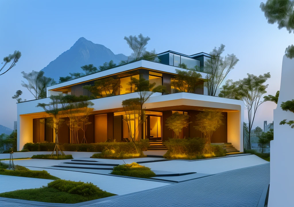 3D render of a beautiful house, Dark, gray tones, white wall. lumion render, night time render, insanely detailed rendering, realistic architecture, architectural visualization. The house is adorned with elegant lighting and plants to enhance its exterior appearance in a Vietnam city street. The staircase leading into the house is tiled with black marble and has bright LED lights. Behind are hills and mountains with clear blue sky. balcony with green plants. The main door is made of black aluminum and glass reaching up to the ceiling. Looking through the glass windows to look inside the house with luxurious interiors with luxurious and warm lights, interior lighting rendering and lighting effects. marble and wood and glass, dark and modern, luxcore render, taken with professional photography techniques, using a wide angle lens with bright natural light and high resolution details, in the style of professional photograph, hyper realistic, highly detailed.