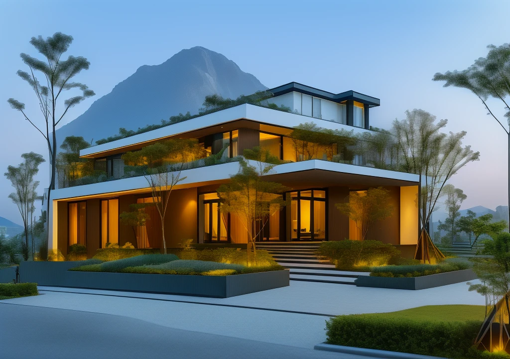 3D render of a beautiful house, Dark, gray tones, white wall. lumion render, night time render, insanely detailed rendering, realistic architecture, architectural visualization. The house is adorned with elegant lighting and plants to enhance its exterior appearance in a Vietnam city street. The staircase leading into the house is tiled with black marble and has bright LED lights. Behind are hills and mountains with clear blue sky. balcony with green plants. The main door is made of black aluminum and glass reaching up to the ceiling. Looking through the glass windows to look inside the house with luxurious interiors with luxurious and warm lights, interior lighting rendering and lighting effects. marble and wood and glass, dark and modern, luxcore render, taken with professional photography techniques, using a wide angle lens with bright natural light and high resolution details, in the style of professional photograph, hyper realistic, highly detailed.