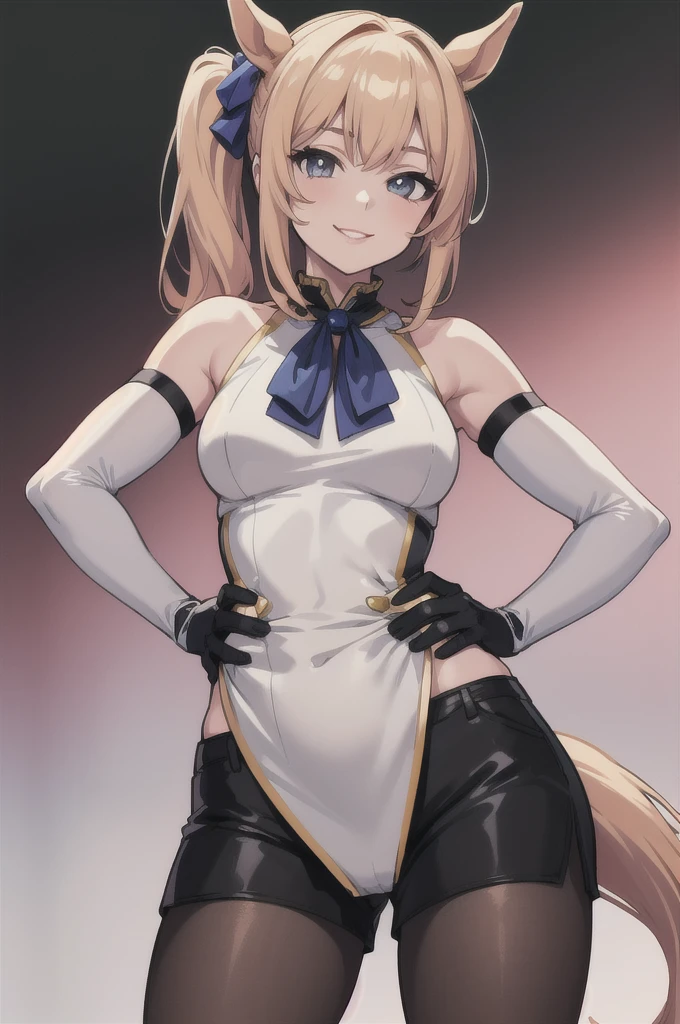 (masterpiece, best quality:1.2), solo, 1girl, satonocrown, smile, looking at viewer, hand on hip, side ponytail, horse ears, sleeveless, elbow gloves, shorts, pantyhose, horse tail, bare shoulders 